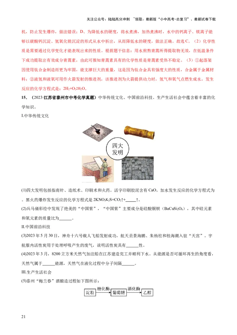 专题12化学与生活（练习）-2024年中考化学一轮复习讲练测（全国通用）（解析版）_02中考总复习（2026版更新中）_05-化学-中考总复习_2024年中考复习资料_一轮复习资料