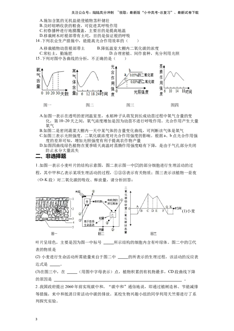 专题10绿色植物的呼吸作用和光合作用（原卷版）_02中考总复习（2026版更新中）_08-生物-中考总复习_2024年中考复习资料_一轮复习_配套练习