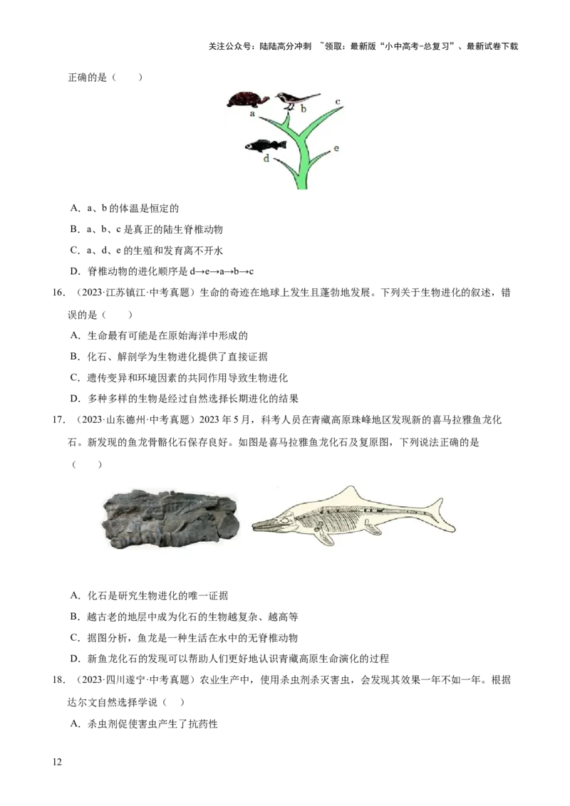 专题10生物进化与生物多样性的保护（全国通用）（原卷版）_02中考总复习（2026版更新中）_08-生物-中考总复习_2026年中考复习（更新中）