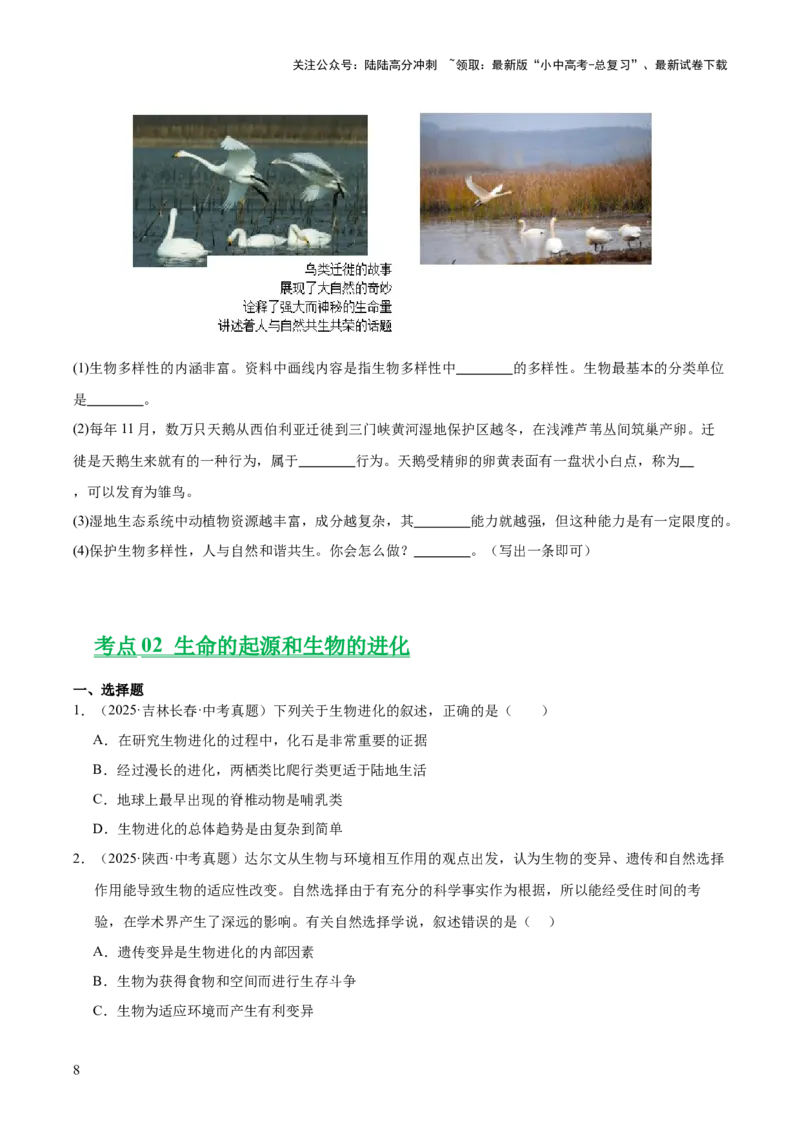 专题10生物进化与生物多样性的保护（全国通用）（原卷版）_02中考总复习（2026版更新中）_08-生物-中考总复习_2026年中考复习（更新中）
