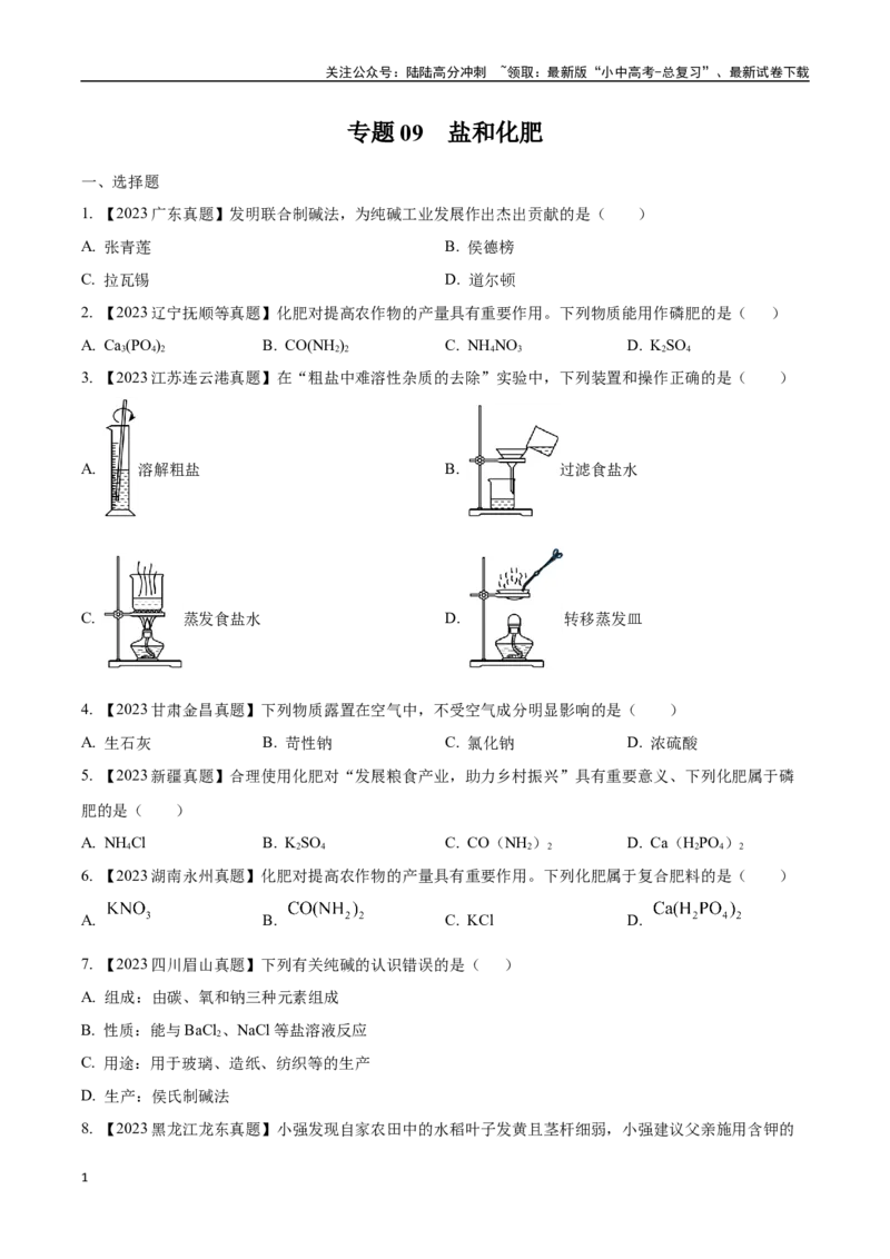 专题09盐和化肥（原卷版）_02中考总复习（2026版更新中）_05-化学-中考总复习_2024年中考复习资料_专项复习资料_完三年（2021-2023）中考化学真题分项汇编（全国通用）