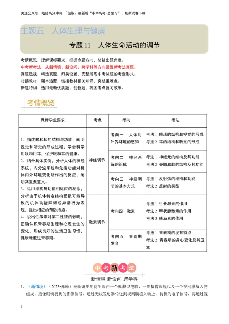 专题11人体生命活动的调节（原卷版）_02中考总复习（2026版更新中）_08-生物-中考总复习_2024年中考复习资料_专项复习_备战2024年中考生物真题题源解密