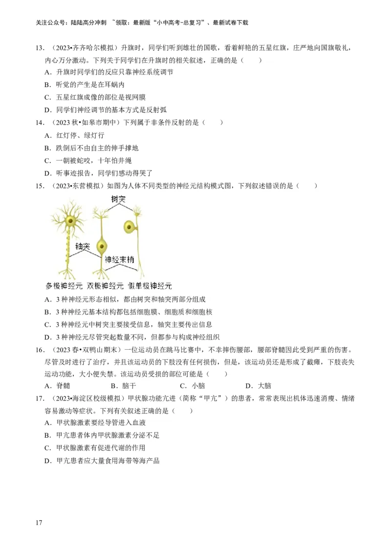 专题11人体生命活动的调节（原卷版）_02中考总复习（2026版更新中）_08-生物-中考总复习_2024年中考复习资料_专项复习_备战2024年中考生物真题题源解密