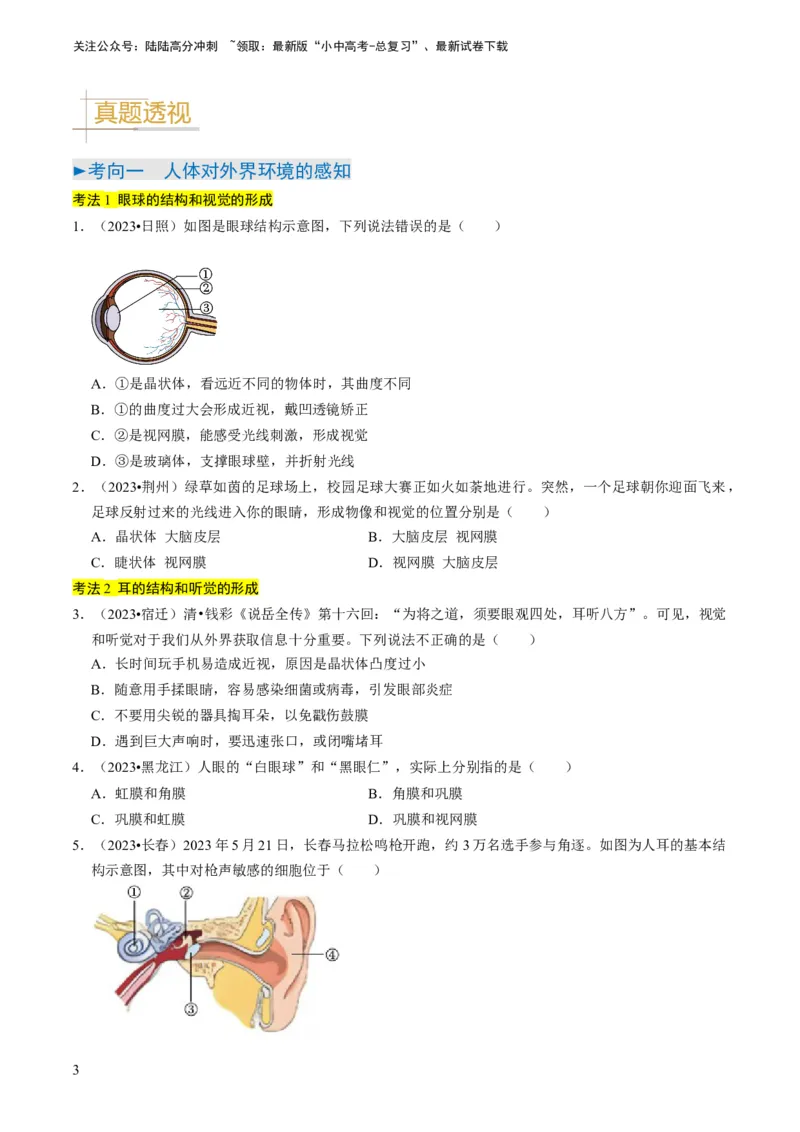 专题11人体生命活动的调节（原卷版）_02中考总复习（2026版更新中）_08-生物-中考总复习_2024年中考复习资料_专项复习_备战2024年中考生物真题题源解密
