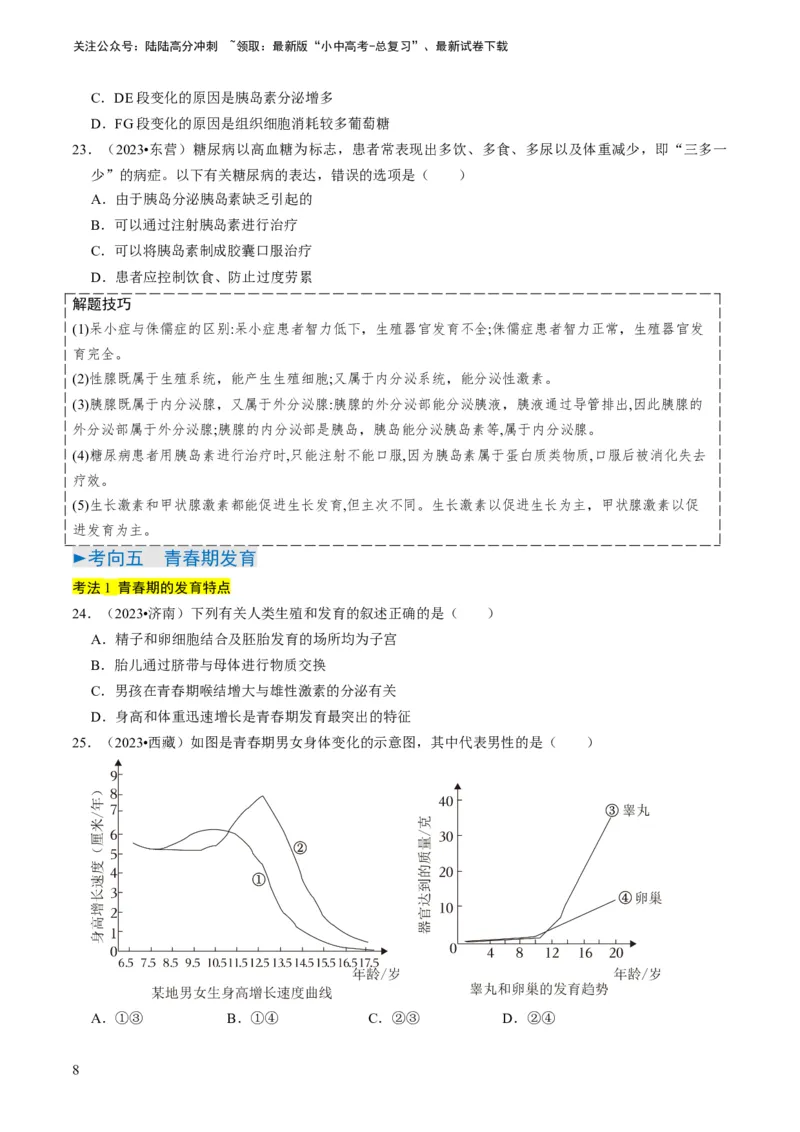 专题11人体生命活动的调节（原卷版）_02中考总复习（2026版更新中）_08-生物-中考总复习_2024年中考复习资料_专项复习_备战2024年中考生物真题题源解密