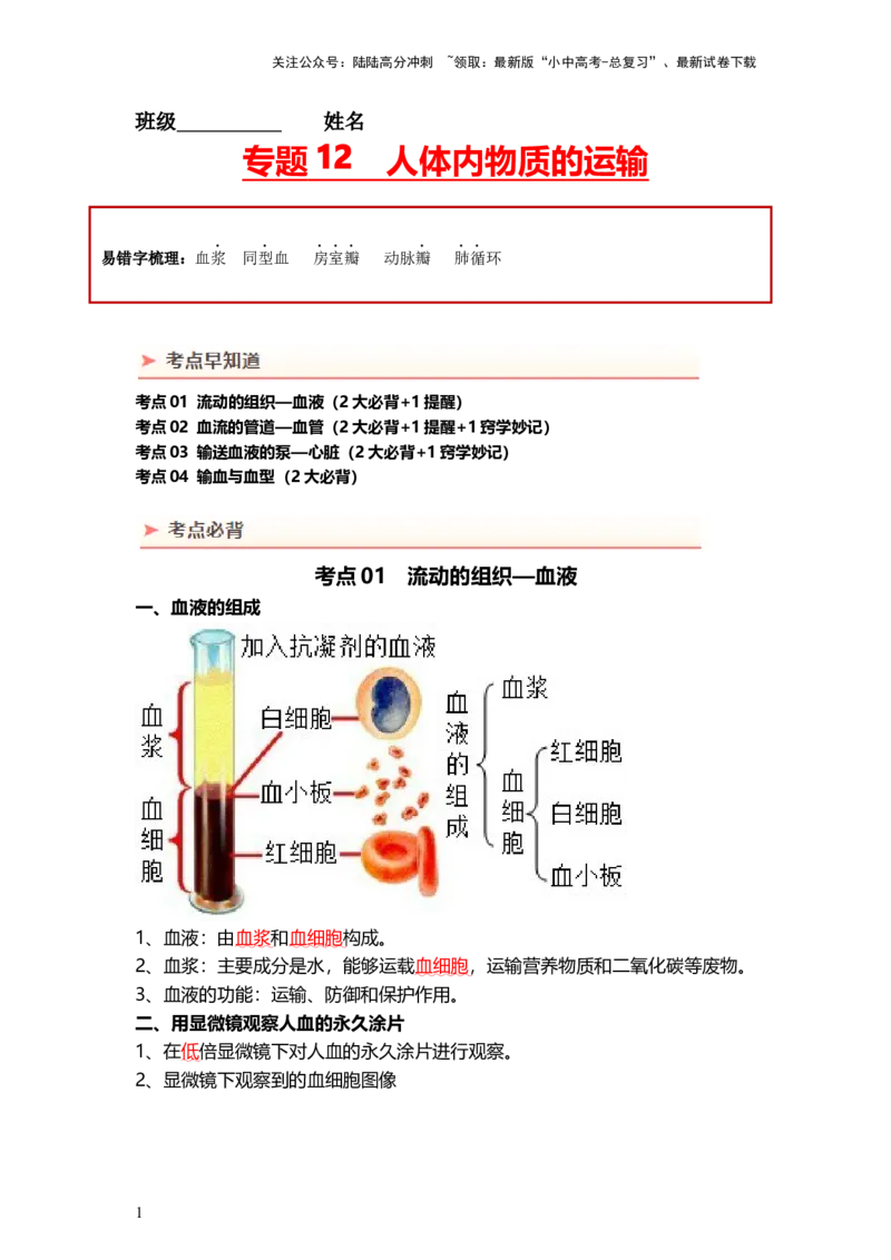 专题12人体内物质的运输（背记帮）-备战2024年中考生物一轮复习考点帮_02中考总复习（2026版更新中）_08-生物-中考总复习_2024年中考复习资料_一轮复习_必背考点