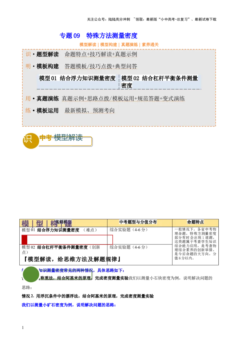专题09特殊方法测量密度（原卷版）_02中考总复习（2026版更新中）_04-物理-中考总复习_2025年中考复习资料_2025年中考物理答题方法模板