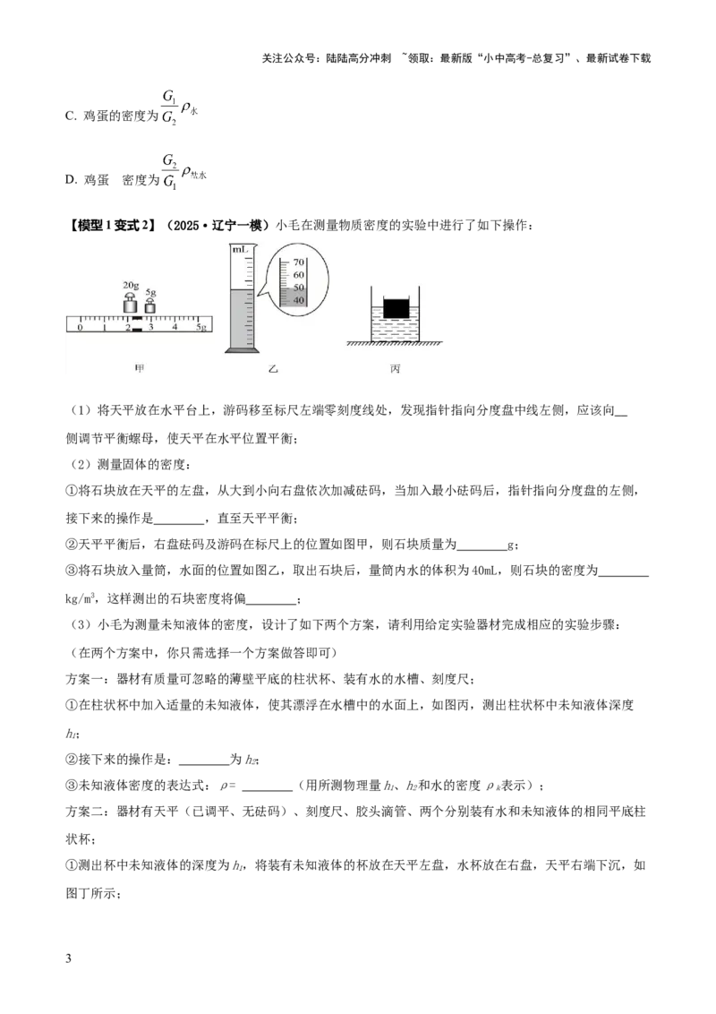 专题09特殊方法测量密度（原卷版）_02中考总复习（2026版更新中）_04-物理-中考总复习_2025年中考复习资料_2025年中考物理答题方法模板