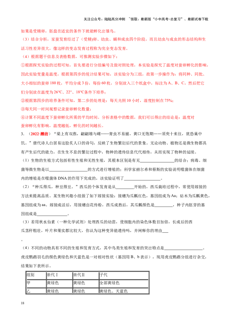 专题12&nbsp;其他生物的生殖和发育（解析版）_02中考总复习（2026版更新中）_08-生物-中考总复习_2024年中考复习资料_专项复习_完三年（2021-2023）中考生物真题分项汇编（全国通用）