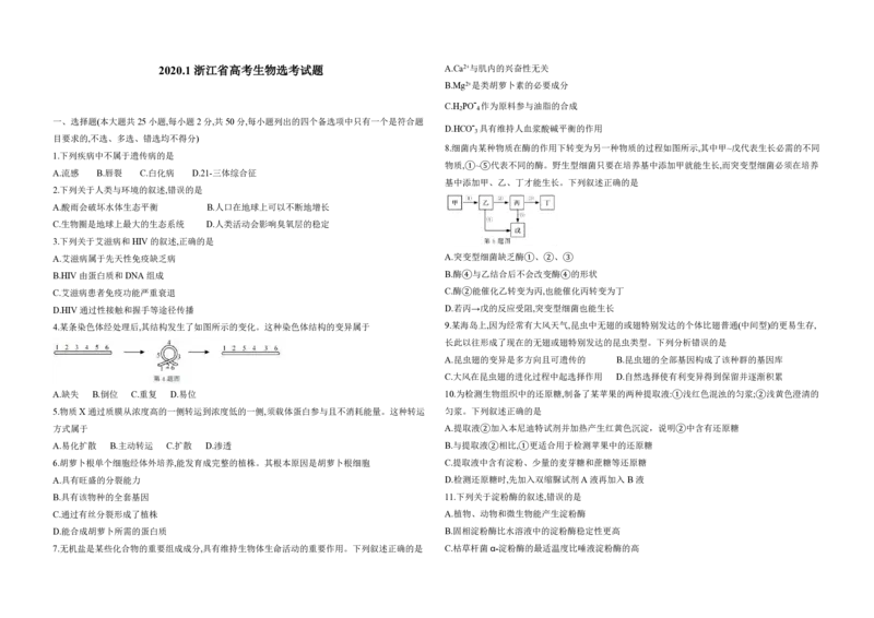 2020年浙江省高考生物1月（原卷版）_全国卷+地方卷_6.生物_1.生物高考真题试卷_2008-2020年_地方卷_浙江高考生物08-21_A3word版_PDF版（赠送）