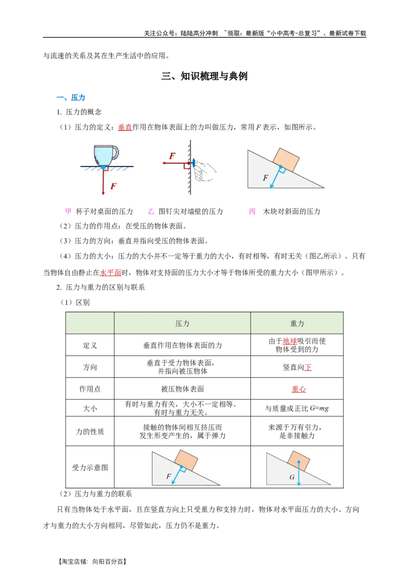 专题09压强（知识梳理+典例+练习）-2024物理中考一轮复习精品资料（教师版）_02中考总复习（2026版更新中）_04-物理-中考总复习_2024年中考复习资料_一轮复习_配套练习