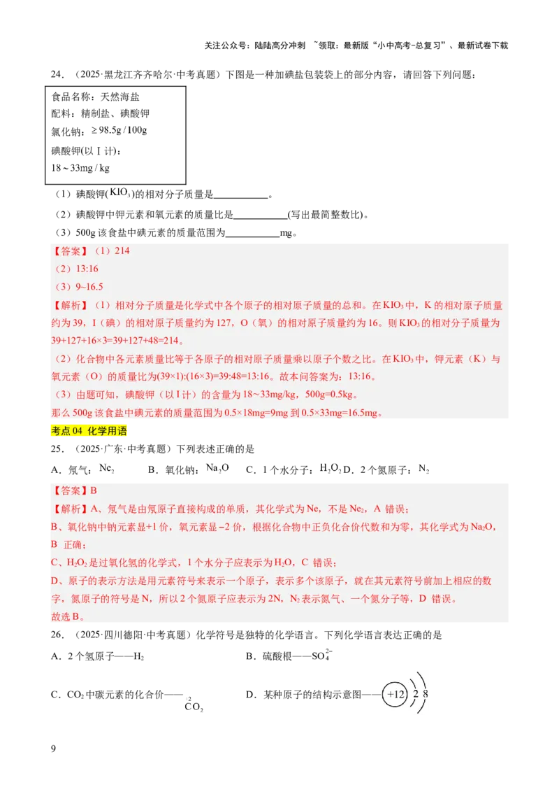 专题12化学式、化合价及相关计算（解析版）_02中考总复习（2026版更新中）_05-化学-中考总复习_2026年中考复习（更新中）_好题汇编三年（2023-2025）中考化学真题分类汇编（全国通用）