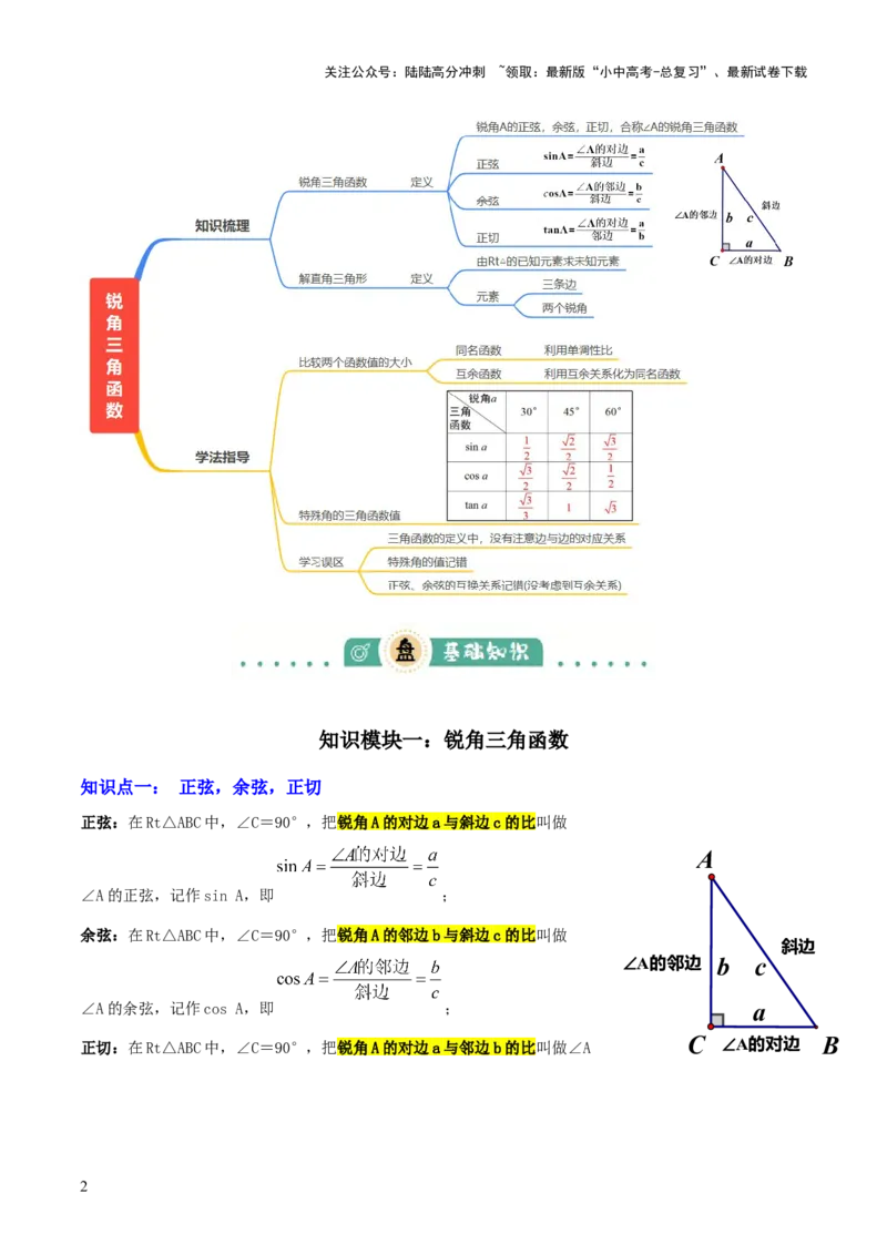 专题11锐角三角函数（3大模块知识梳理+9个考点+4个重难点+2个易错点）（原卷版）_02中考总复习（2026版更新中）_02-数学-中考总复习_2025中考复习资料_2025年中考数学一轮知识梳理