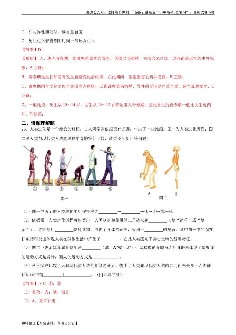 专题09人的由来（习题精练）（全国通用）（解析版）_02中考总复习（2026版更新中）_08-生物-中考总复习_2024年中考复习资料_一轮复习_配套练习（原卷版+解析版）_答案解析版