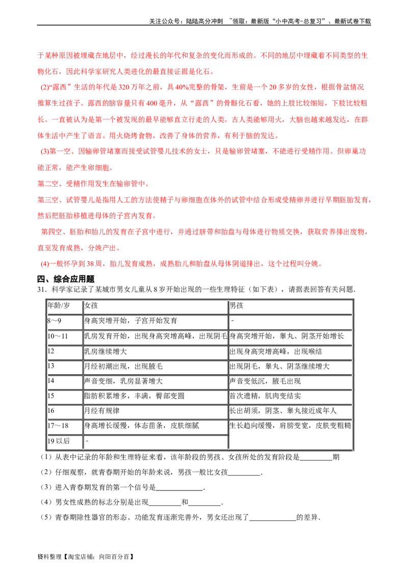 专题09人的由来（习题精练）（全国通用）（解析版）_02中考总复习（2026版更新中）_08-生物-中考总复习_2024年中考复习资料_一轮复习_配套练习（原卷版+解析版）_答案解析版