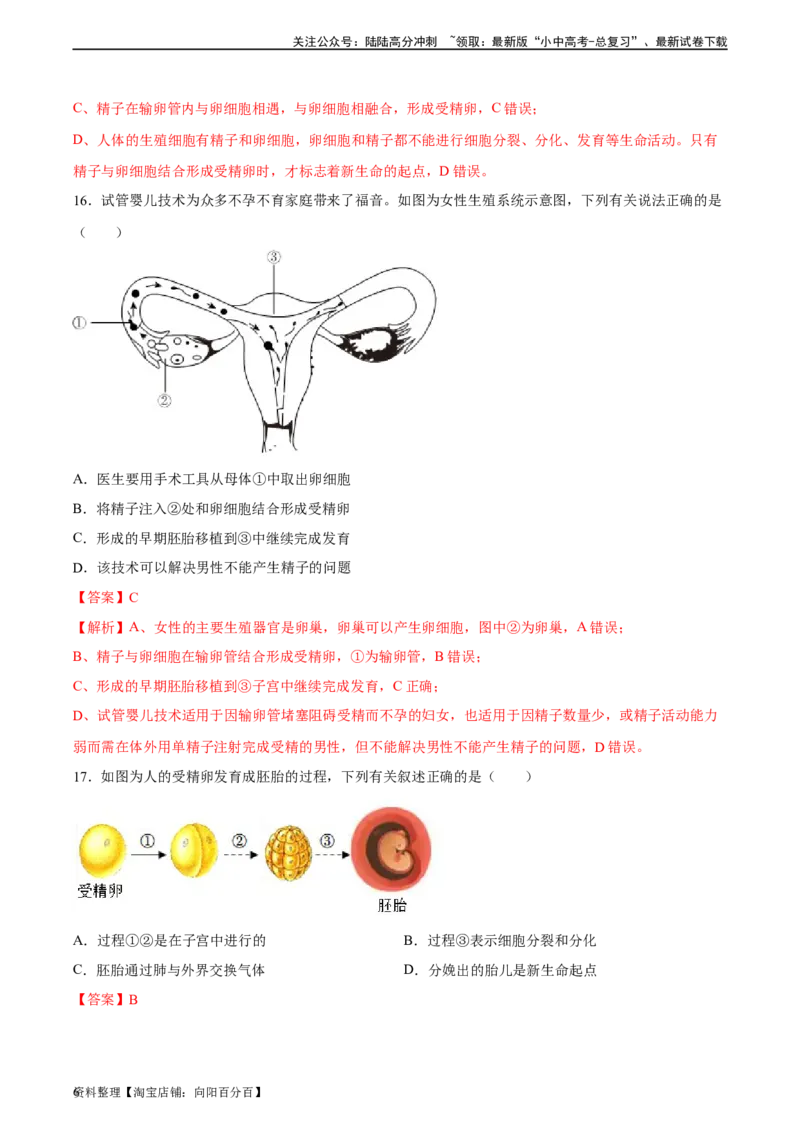 专题09人的由来（习题精练）（全国通用）（解析版）_02中考总复习（2026版更新中）_08-生物-中考总复习_2024年中考复习资料_一轮复习_配套练习（原卷版+解析版）_答案解析版