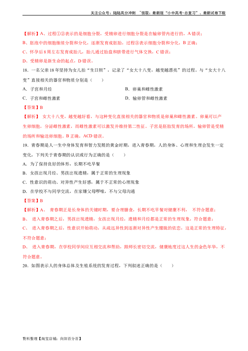专题09人的由来（习题精练）（全国通用）（解析版）_02中考总复习（2026版更新中）_08-生物-中考总复习_2024年中考复习资料_一轮复习_配套练习（原卷版+解析版）_答案解析版