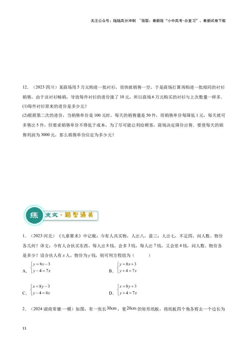 专题11方程的实际应用模型（原卷版）_02中考总复习（2026版更新中）_02-数学-中考总复习_2024年中考复习资料_二轮复习资料_完2024年中考数学解题技巧模板