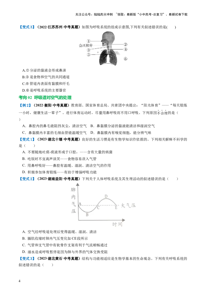 专题11人体的呼吸（讲义）（原卷版）_02中考总复习（2026版更新中）_08-生物-中考总复习_2024年中考复习资料_一轮复习_❤2024年中考生物一轮复习讲练测（全国通用）_讲义