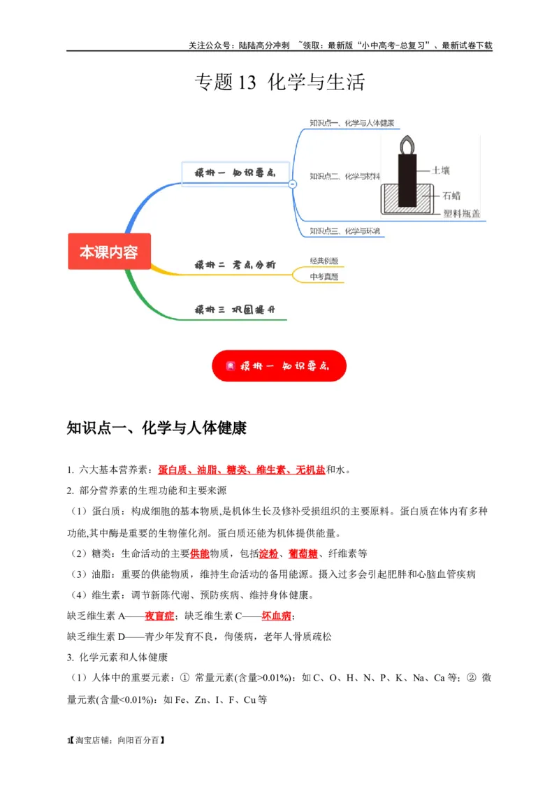 专题13化学与生活（解析版）_02中考总复习（2026版更新中）_05-化学-中考总复习_2024年中考复习资料_一轮复习资料_完2024年中考化学复习考点一遍过（全国通用）_教师版（含答案解析）
