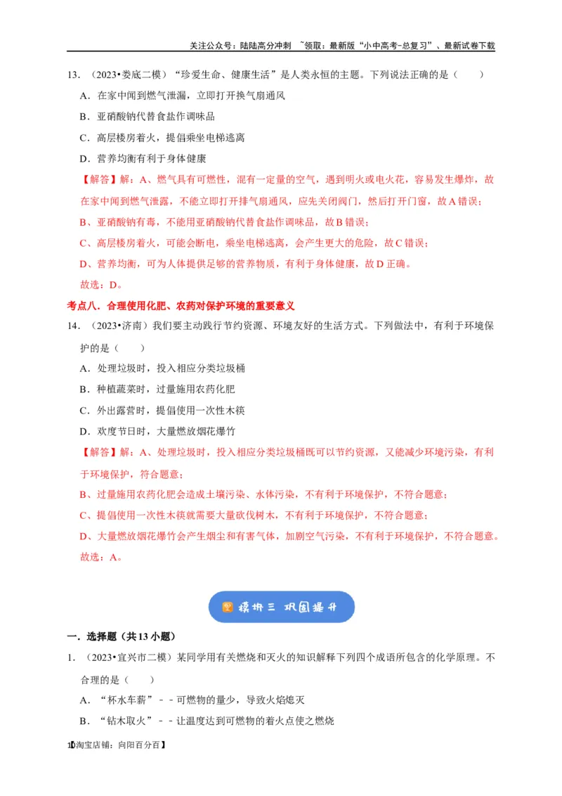 专题13化学与生活（解析版）_02中考总复习（2026版更新中）_05-化学-中考总复习_2024年中考复习资料_一轮复习资料_完2024年中考化学复习考点一遍过（全国通用）_教师版（含答案解析）