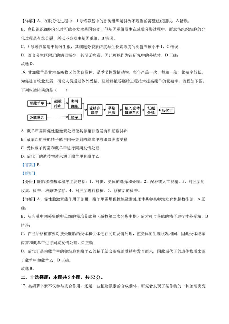 2024年高考生物真题（甘肃自主命题）（解析版）_全国卷+地方卷_6.生物_1.生物高考真题试卷_2024年高考-生物_2024年甘肃自主命题-生物