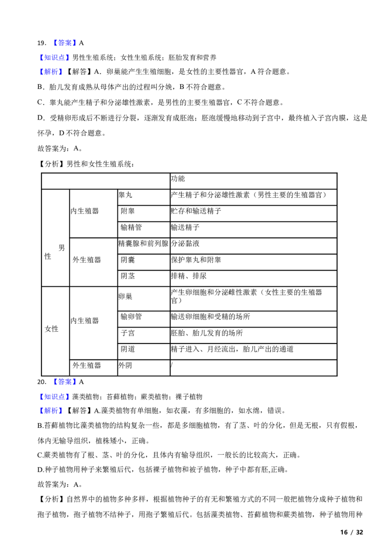 北京市门头沟区2020-2021学年八年级上学期生物期末考试试卷附解析(1)_北京初中期末题_C605-京七八九_B京生物七八九_北京八上生物_2022-2023前