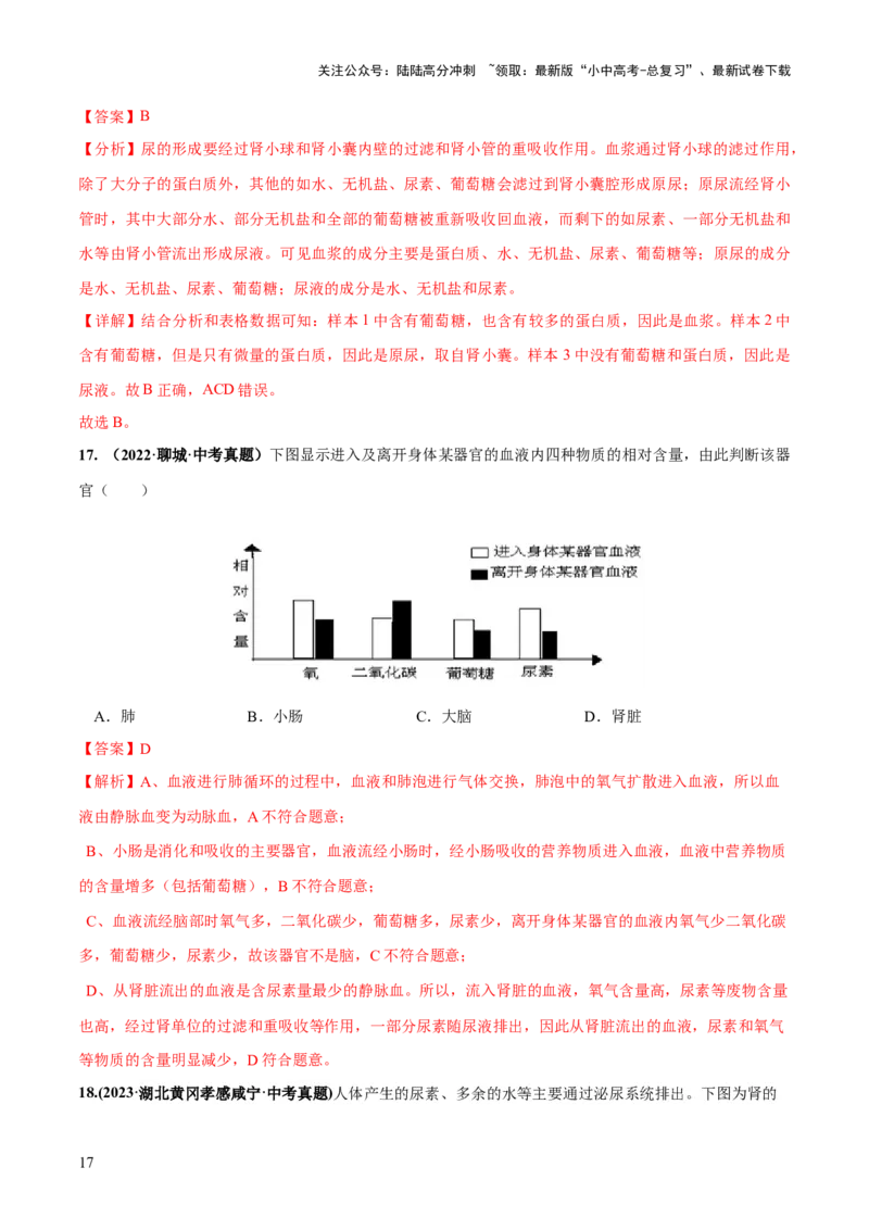 专题13人体内废物的排出（练习）（解析版）_02中考总复习（2026版更新中）_08-生物-中考总复习_2024年中考复习资料_一轮复习_❤2024年中考生物一轮复习讲练测（全国通用）_练习