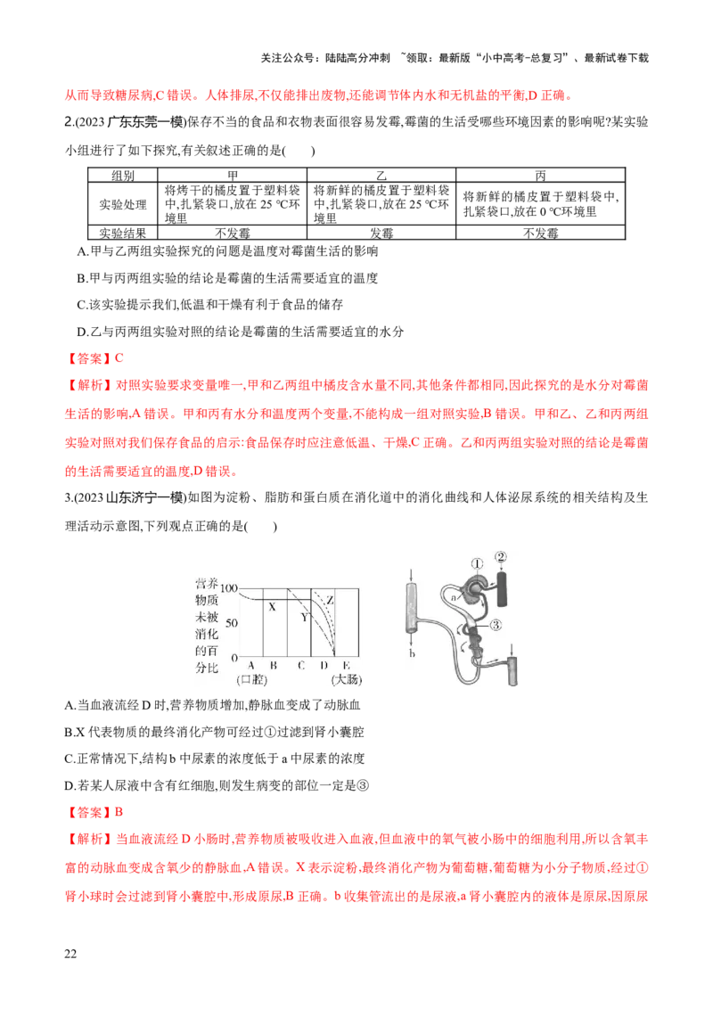专题13人体内废物的排出（练习）（解析版）_02中考总复习（2026版更新中）_08-生物-中考总复习_2024年中考复习资料_一轮复习_❤2024年中考生物一轮复习讲练测（全国通用）_练习