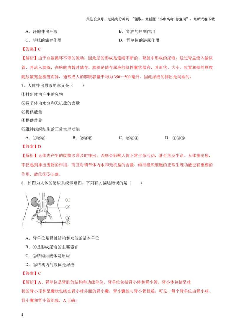 专题13人体内废物的排出（练习）（解析版）_02中考总复习（2026版更新中）_08-生物-中考总复习_2024年中考复习资料_一轮复习_❤2024年中考生物一轮复习讲练测（全国通用）_练习