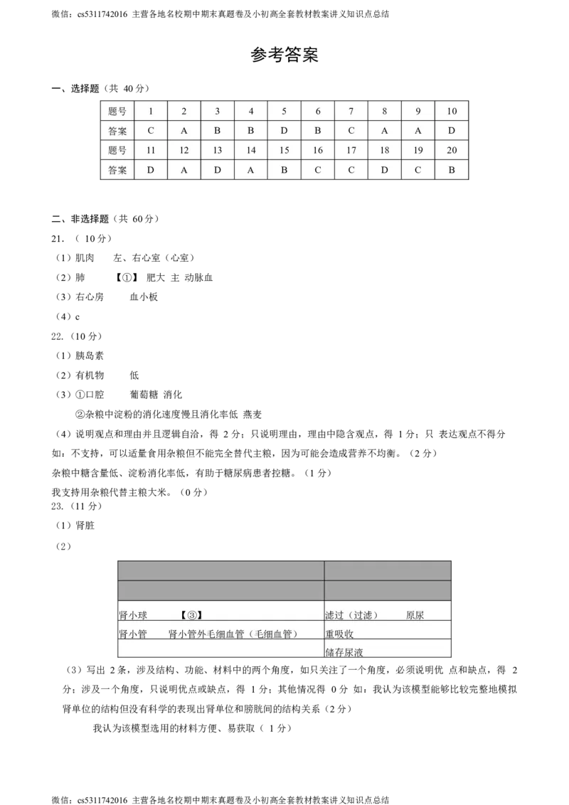 北京市西城区2023-2024学年七年级下学期期末考试生物试卷(1)_北京初中期末题_C605-京七八九_B京生物七八九_北京7下生物_2022-2024_北京生物7下期末