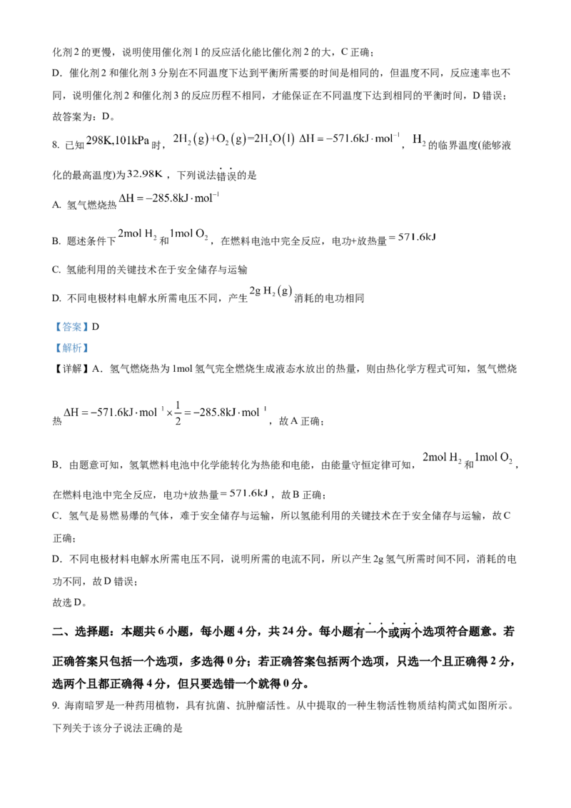 2024年高考化学真题（海南自主命题）（解析版）_全国卷+地方卷_5.化学_1.化学高考真题试卷_2024年高考-化学_2024年海南自主命题-化学