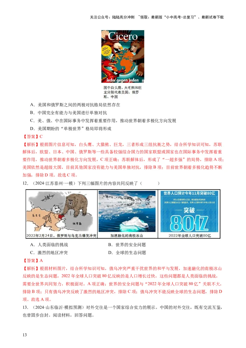 专题13热门考向：大国关系（查补能力&middot;提升练）（解析版）_02中考总复习（2026版更新中）_06-历史-中考总复习_2024年中考复习资料_三轮复习_查补能力&middot;提升练