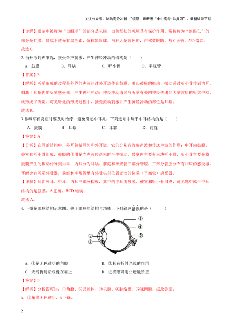 专题14人体生命活动的调节（练习）（解析版）_02中考总复习（2026版更新中）_08-生物-中考总复习_2024年中考复习资料_一轮复习_❤2024年中考生物一轮复习讲练测（全国通用）_练习
