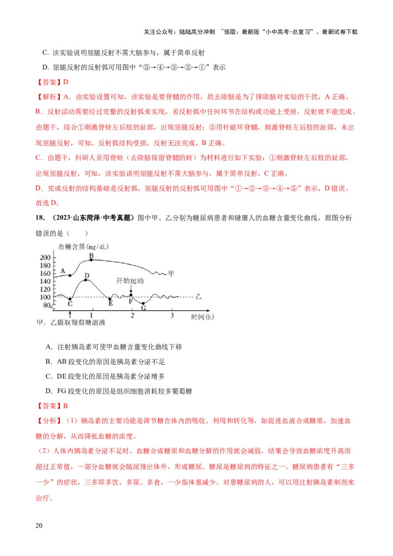 专题14人体生命活动的调节（练习）（解析版）_02中考总复习（2026版更新中）_08-生物-中考总复习_2024年中考复习资料_一轮复习_❤2024年中考生物一轮复习讲练测（全国通用）_练习