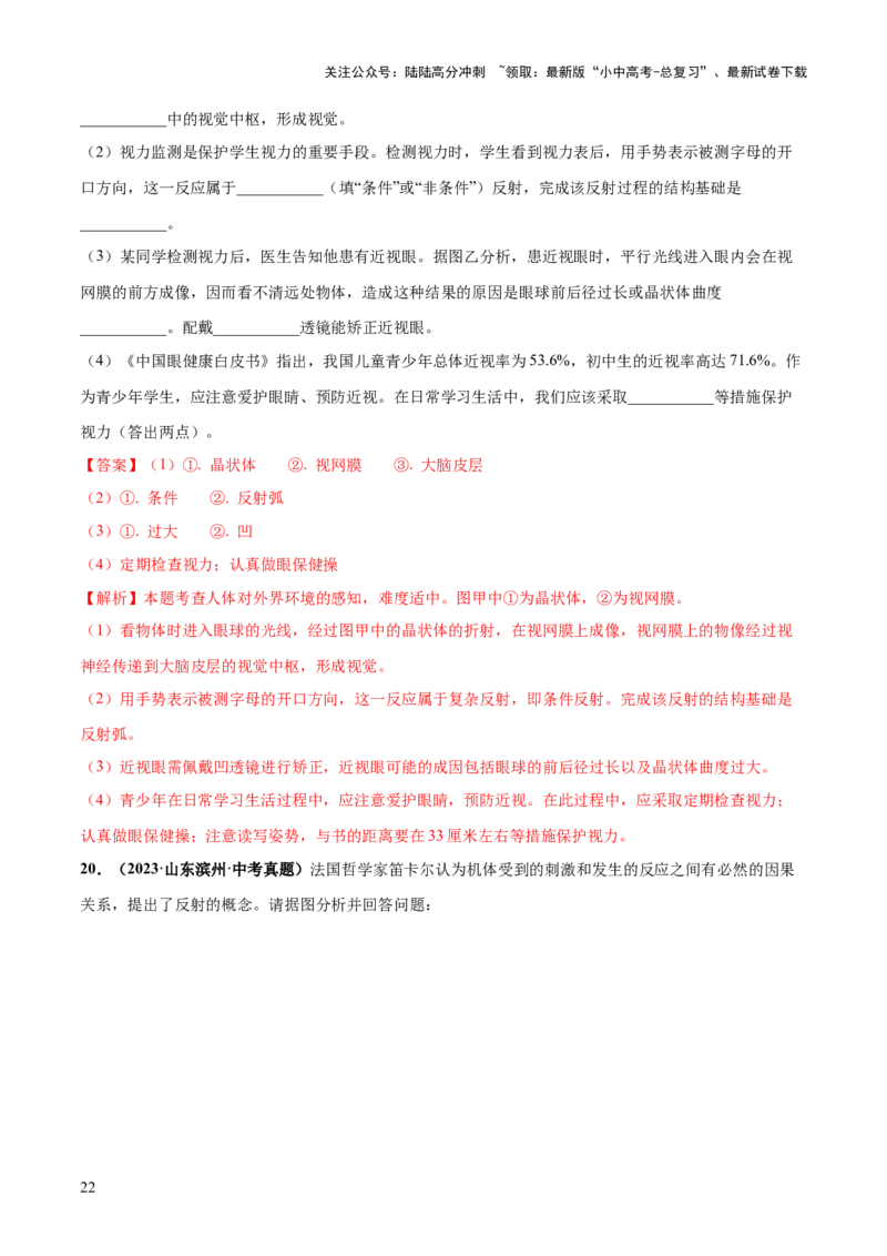 专题14人体生命活动的调节（练习）（解析版）_02中考总复习（2026版更新中）_08-生物-中考总复习_2024年中考复习资料_一轮复习_❤2024年中考生物一轮复习讲练测（全国通用）_练习