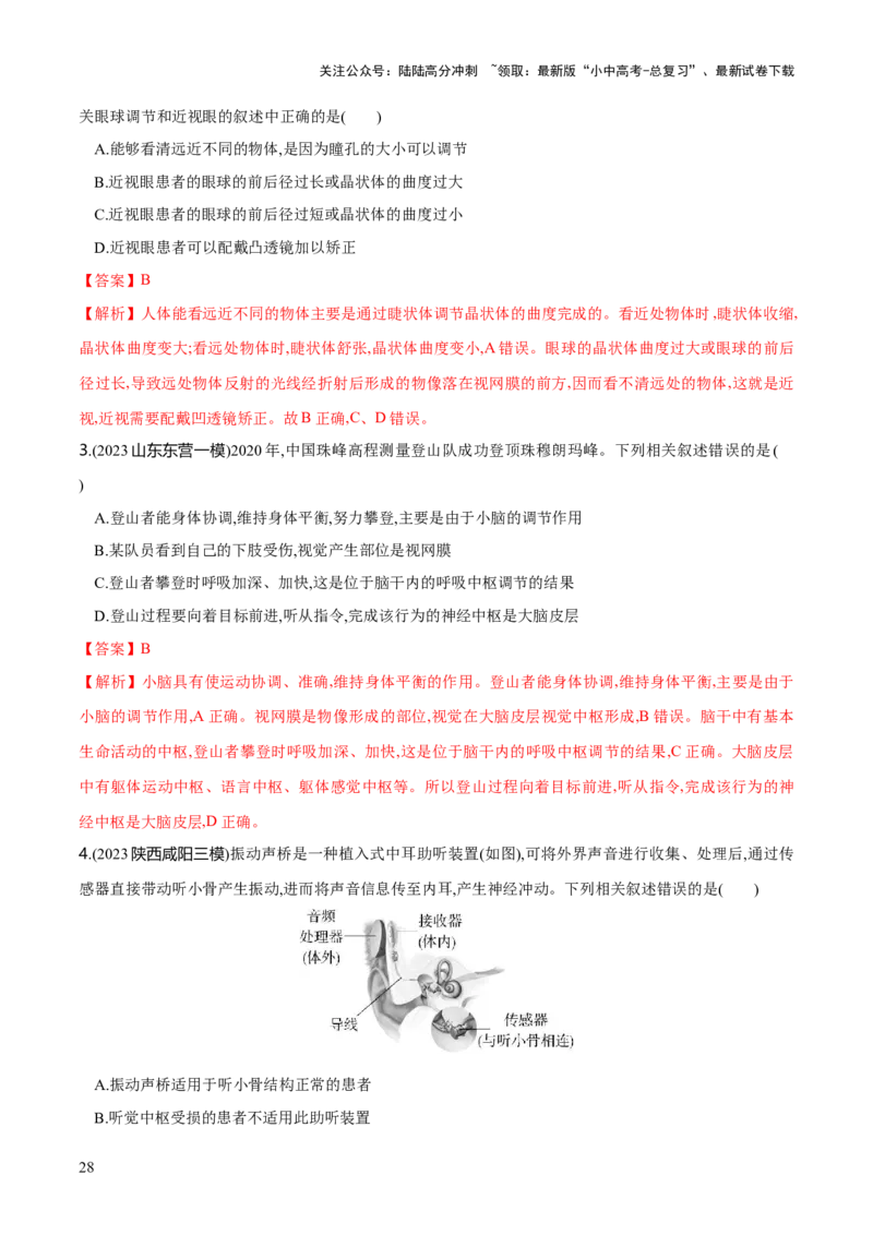 专题14人体生命活动的调节（练习）（解析版）_02中考总复习（2026版更新中）_08-生物-中考总复习_2024年中考复习资料_一轮复习_❤2024年中考生物一轮复习讲练测（全国通用）_练习