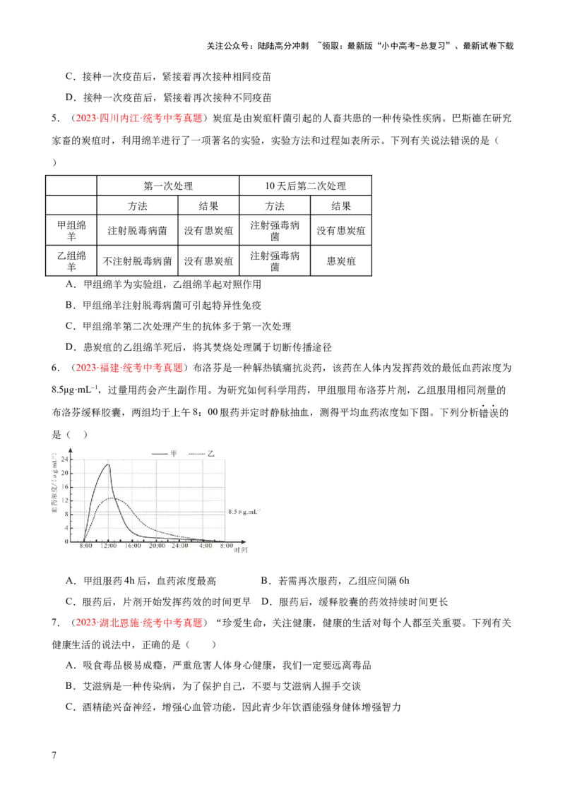 专题15健康地生活（原卷版）_02中考总复习（2026版更新中）_08-生物-中考总复习_2024年中考复习资料_一轮复习_❤备战2024年中考生物一轮复习考点帮（全国通用）_练习