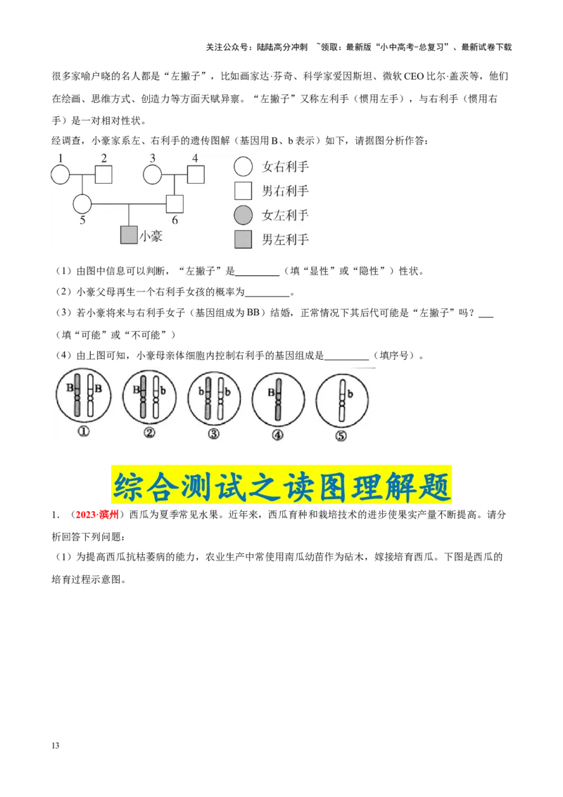 专题13&nbsp;生物的遗传和变异（原卷版）_02中考总复习（2026版更新中）_08-生物-中考总复习_2024年中考复习资料_专项复习_完三年（2021-2023）中考生物真题分项汇编（全国通用）