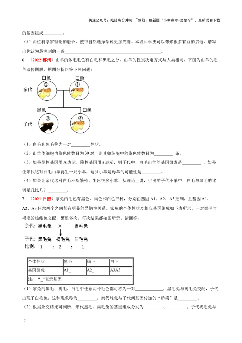 专题13&nbsp;生物的遗传和变异（原卷版）_02中考总复习（2026版更新中）_08-生物-中考总复习_2024年中考复习资料_专项复习_完三年（2021-2023）中考生物真题分项汇编（全国通用）