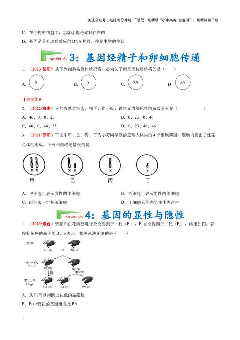 专题13&nbsp;生物的遗传和变异（原卷版）_02中考总复习（2026版更新中）_08-生物-中考总复习_2024年中考复习资料_专项复习_完三年（2021-2023）中考生物真题分项汇编（全国通用）