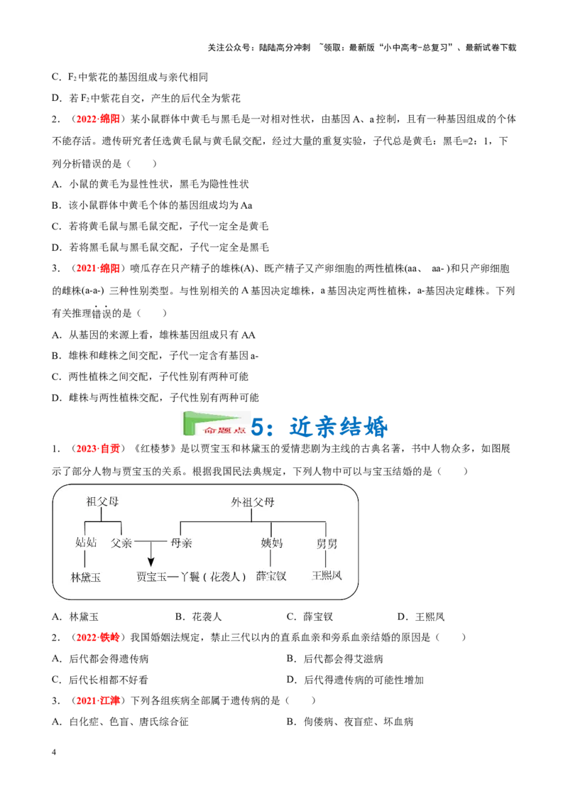 专题13&nbsp;生物的遗传和变异（原卷版）_02中考总复习（2026版更新中）_08-生物-中考总复习_2024年中考复习资料_专项复习_完三年（2021-2023）中考生物真题分项汇编（全国通用）