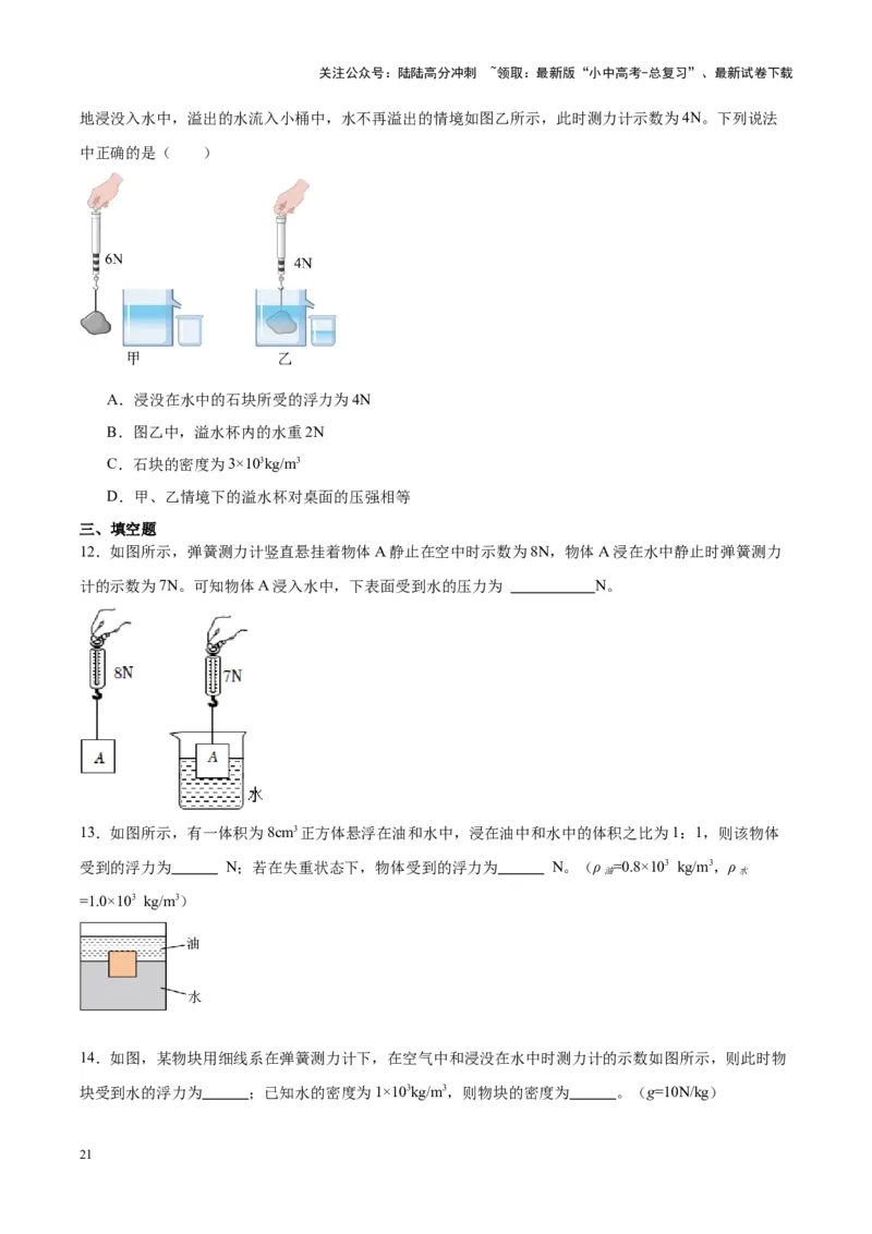 专题13浮力基础（原卷版）_02中考总复习（2026版更新中）_04-物理-中考总复习_2024年中考复习资料_一轮复习_完备战2024年中考物理一轮复习考点帮（全国通用）