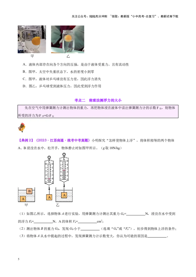 专题13浮力基础（原卷版）_02中考总复习（2026版更新中）_04-物理-中考总复习_2024年中考复习资料_一轮复习_完备战2024年中考物理一轮复习考点帮（全国通用）