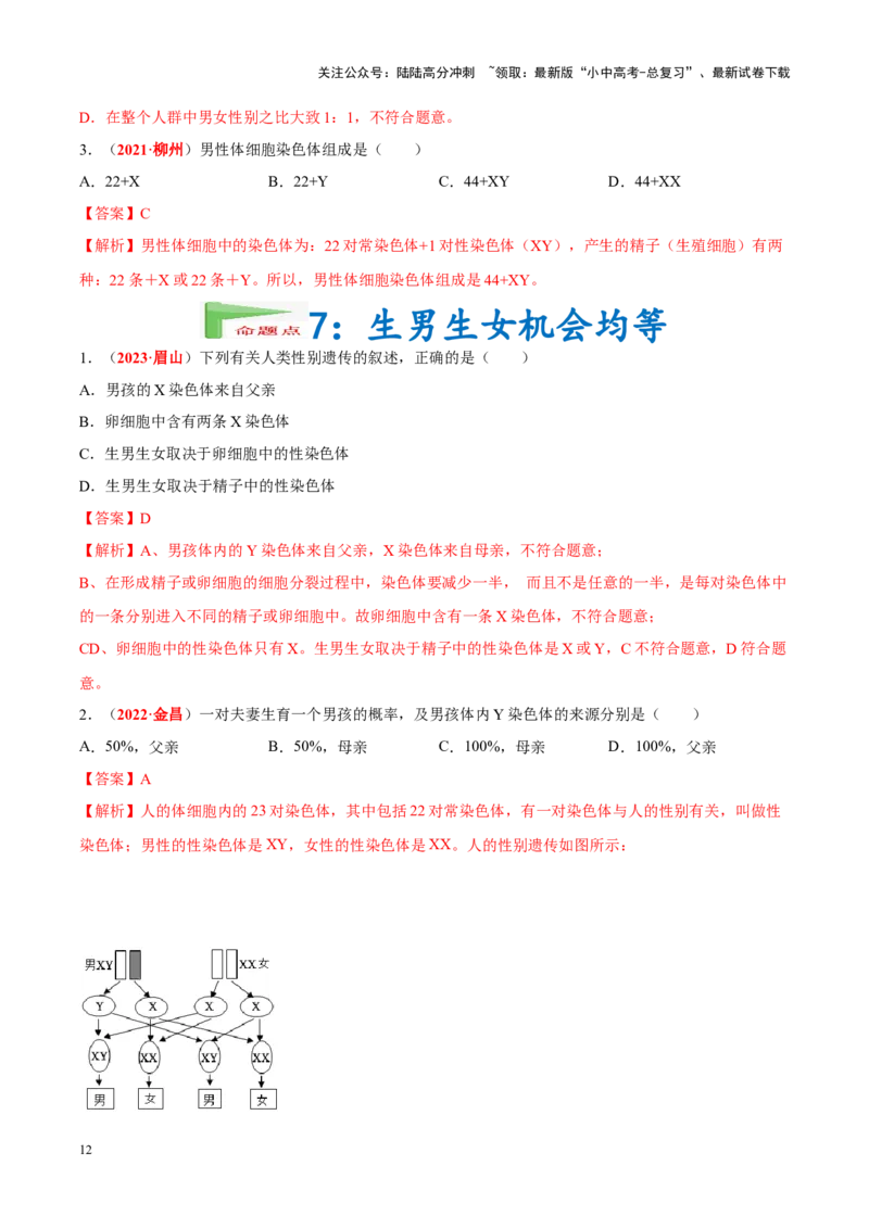专题13&nbsp;生物的遗传和变异（解析版）_02中考总复习（2026版更新中）_08-生物-中考总复习_2024年中考复习资料_专项复习_完三年（2021-2023）中考生物真题分项汇编（全国通用）_答案解析版