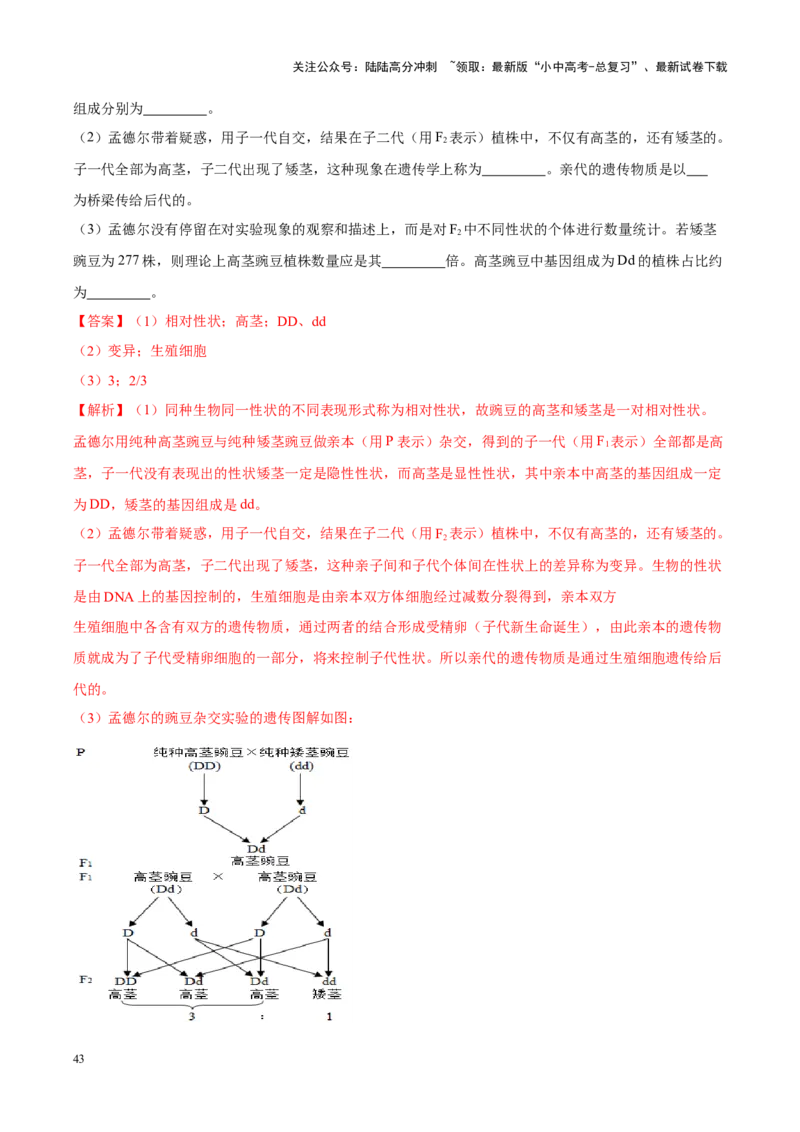专题13&nbsp;生物的遗传和变异（解析版）_02中考总复习（2026版更新中）_08-生物-中考总复习_2024年中考复习资料_专项复习_完三年（2021-2023）中考生物真题分项汇编（全国通用）_答案解析版