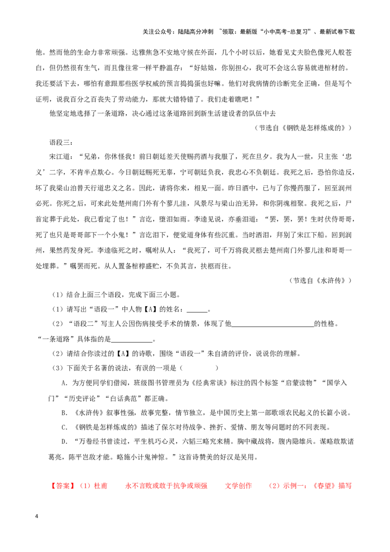 专题13中考名著试题精选60题（二）（解析版）－备战2024年中考语文名著阅读知识（考点）梳理+真题演练_02中考总复习（2026版更新中）_01-语文-中考总复习_2024年中考资料_专项复习资料