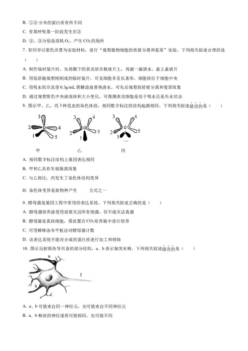 2024年高考生物真题（江苏自主命题）（原卷版）_全国卷+地方卷_6.生物_1.生物高考真题试卷_2024年高考-生物_2024年江苏自主命题-生物