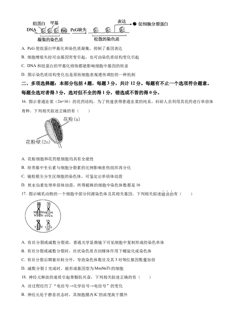2024年高考生物真题（江苏自主命题）（原卷版）_全国卷+地方卷_6.生物_1.生物高考真题试卷_2024年高考-生物_2024年江苏自主命题-生物