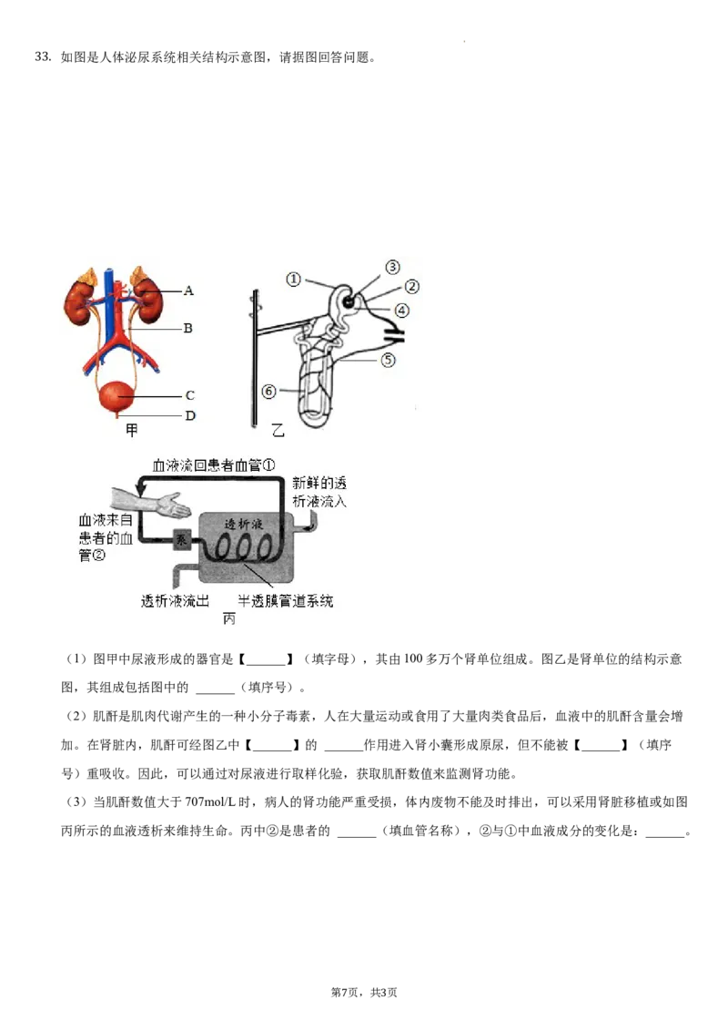 北京市朝阳区2020-2021学年七年级下学期生物期末试卷(1)_北京初中期末题_C605-京七八九_B京生物七八九_北京7下生物_2020-2021